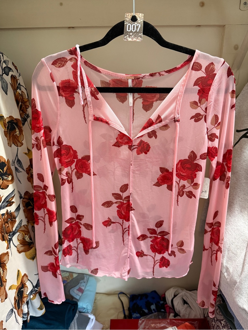 007 Free People Pink Sheer Rose-Print Tie Blouse